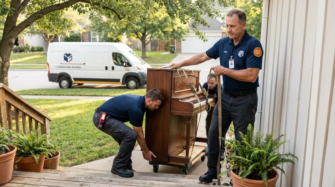 Licensed piano movers securing grand piano in Waterman, IL