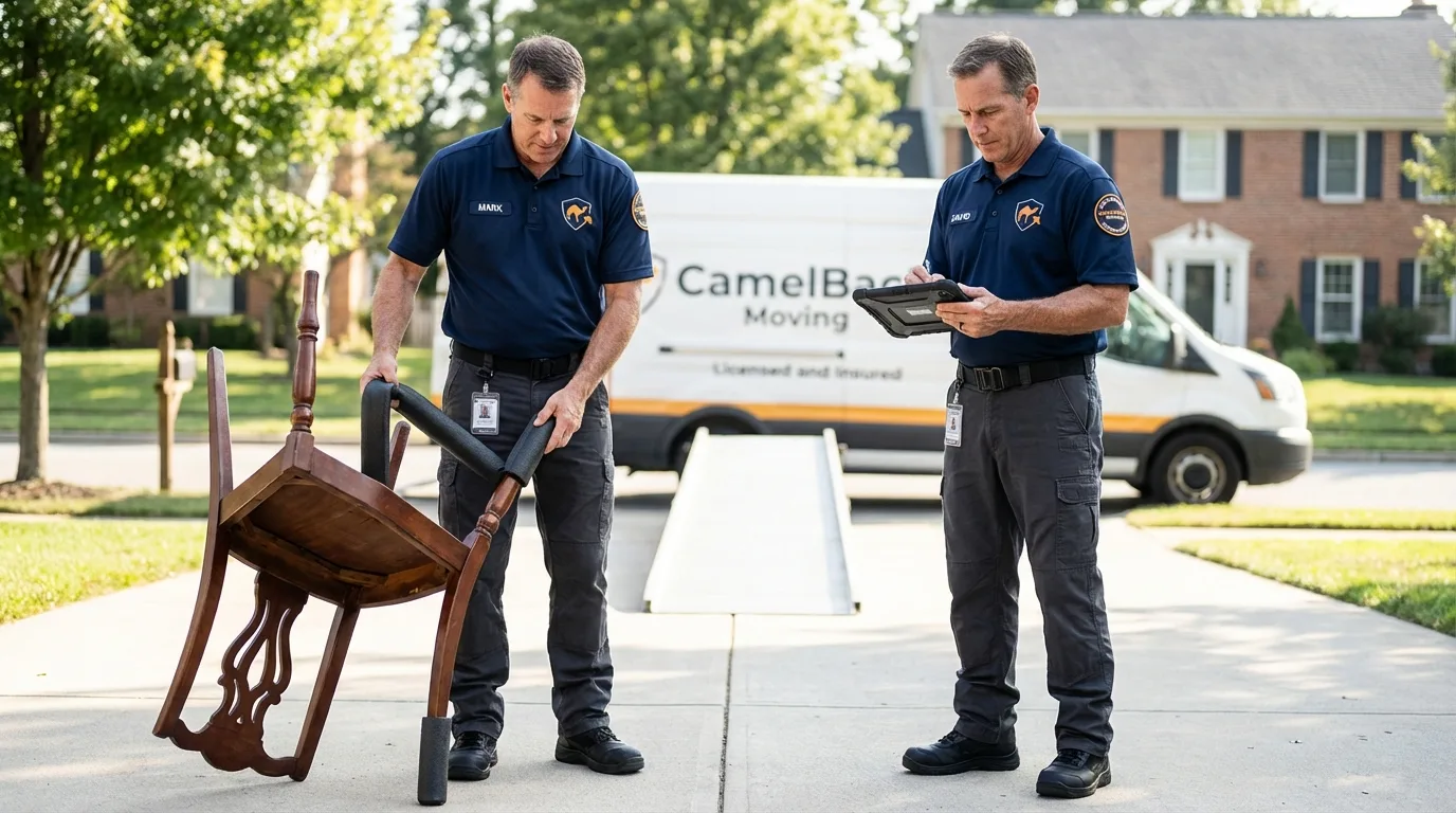 Movers inspecting furniture for damage prevention before loading in Waterman, IL