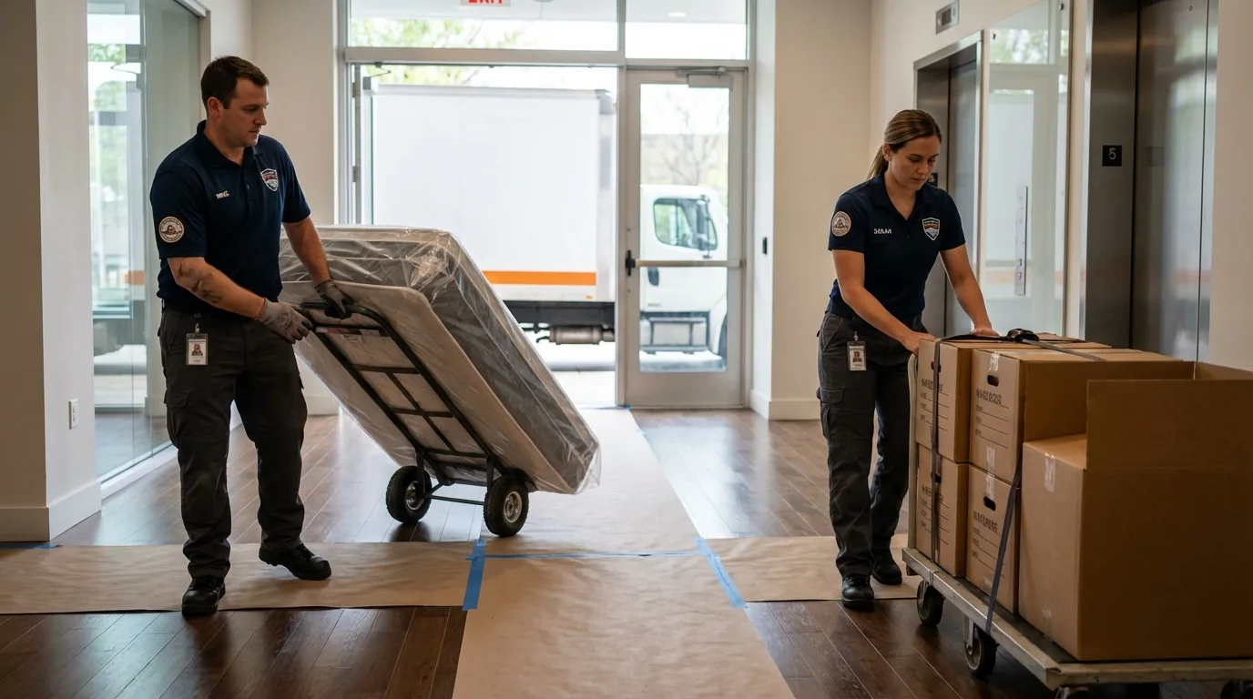 Professional apartment movers loading elevator in Waterman, IL