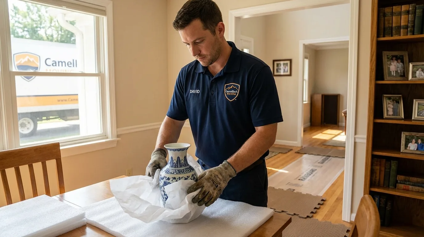 Professional crew carefully wrapping antique vase for senior downsizing move in Waterman, IL