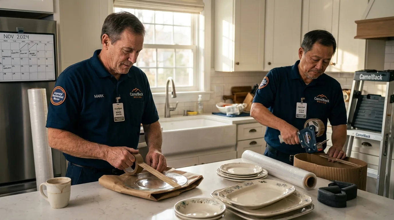 Professional crew packing kitchen dishware in Waterman, IL